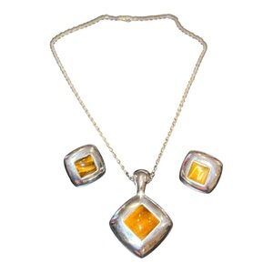 Tiger’s Eye and Silver Tone Necklace & Earrings Set. RN